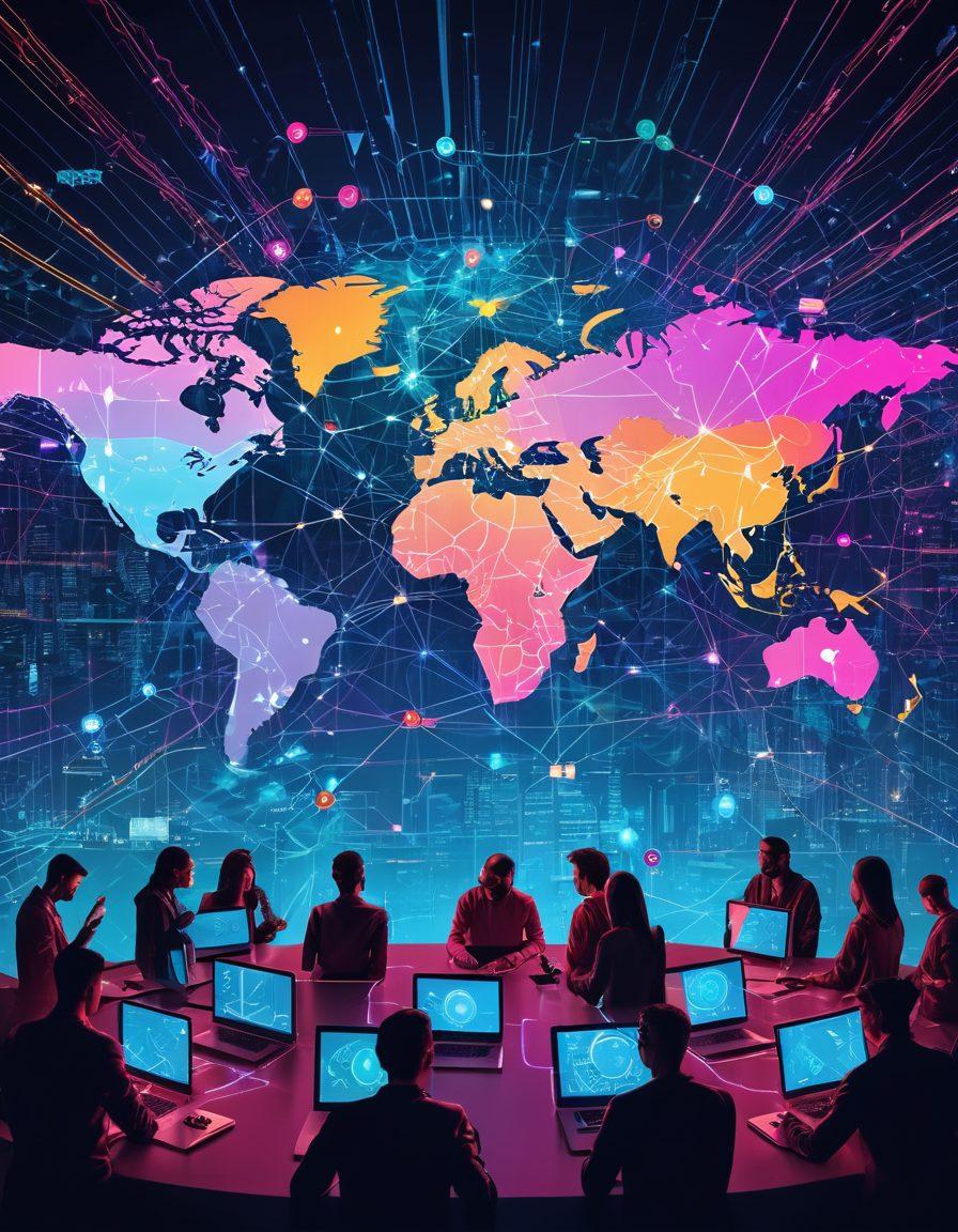 A complex network map showing global connections and barriers, with people using various devices to break through digital firewalls. Include symbols of VPNs, and icons of different countries. The background should illustrate a digital world with contrasting free and restricted zones. cyberpunk. vibrant colors.