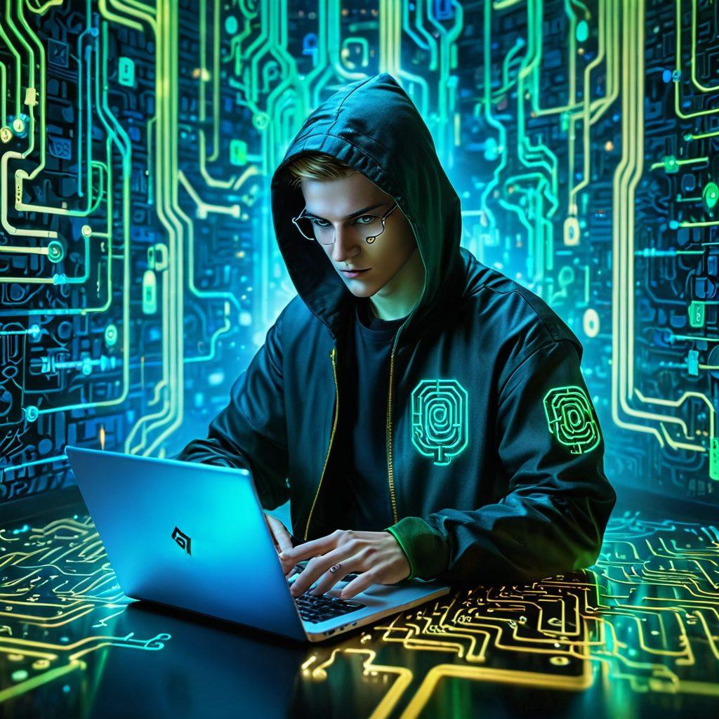 A sophisticated hacker is depicted navigating a maze of virtual firewalls on a futuristic laptop screen. Bright blue and green hues represent the web, while padlocks and chains symbolize restrictions. The hacker uses a golden key to unlock access points, with floating icons of popular websites like YouTube and Facebook in the background. cyberpunk style. vibrant colors.
