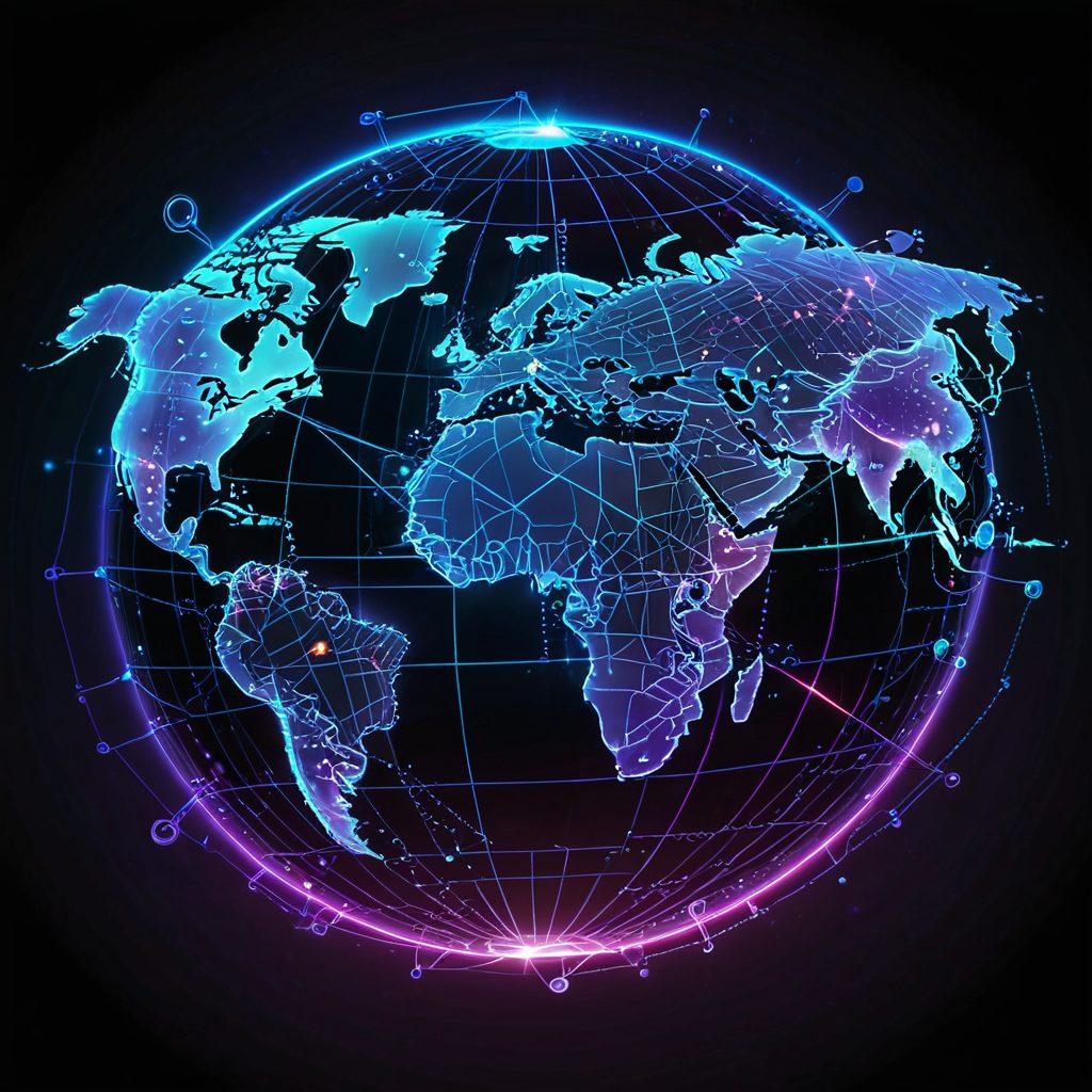 A futuristic, digital world map with glowing dotted lines representing secure VPN connections encircling the globe. Incorporate a padlock symbol overlaying the map to signify security and privacy, and a few broken chains to depict bypassing restrictions. Blend in holographic, transparent layers for a high-tech feel. cyberpunk. vibrant colors. 3D.